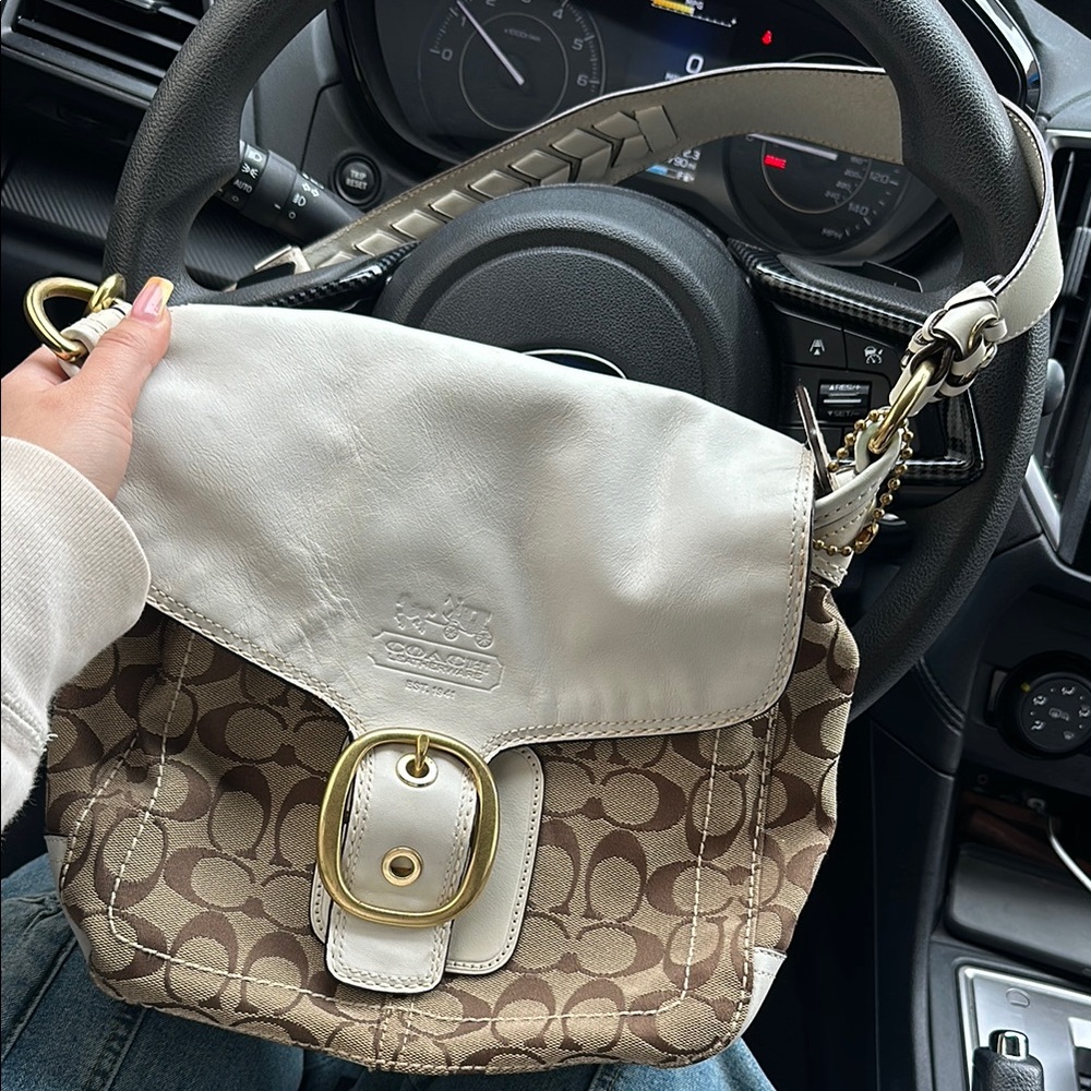 Coach White and Brown Signature Shoulder Bag